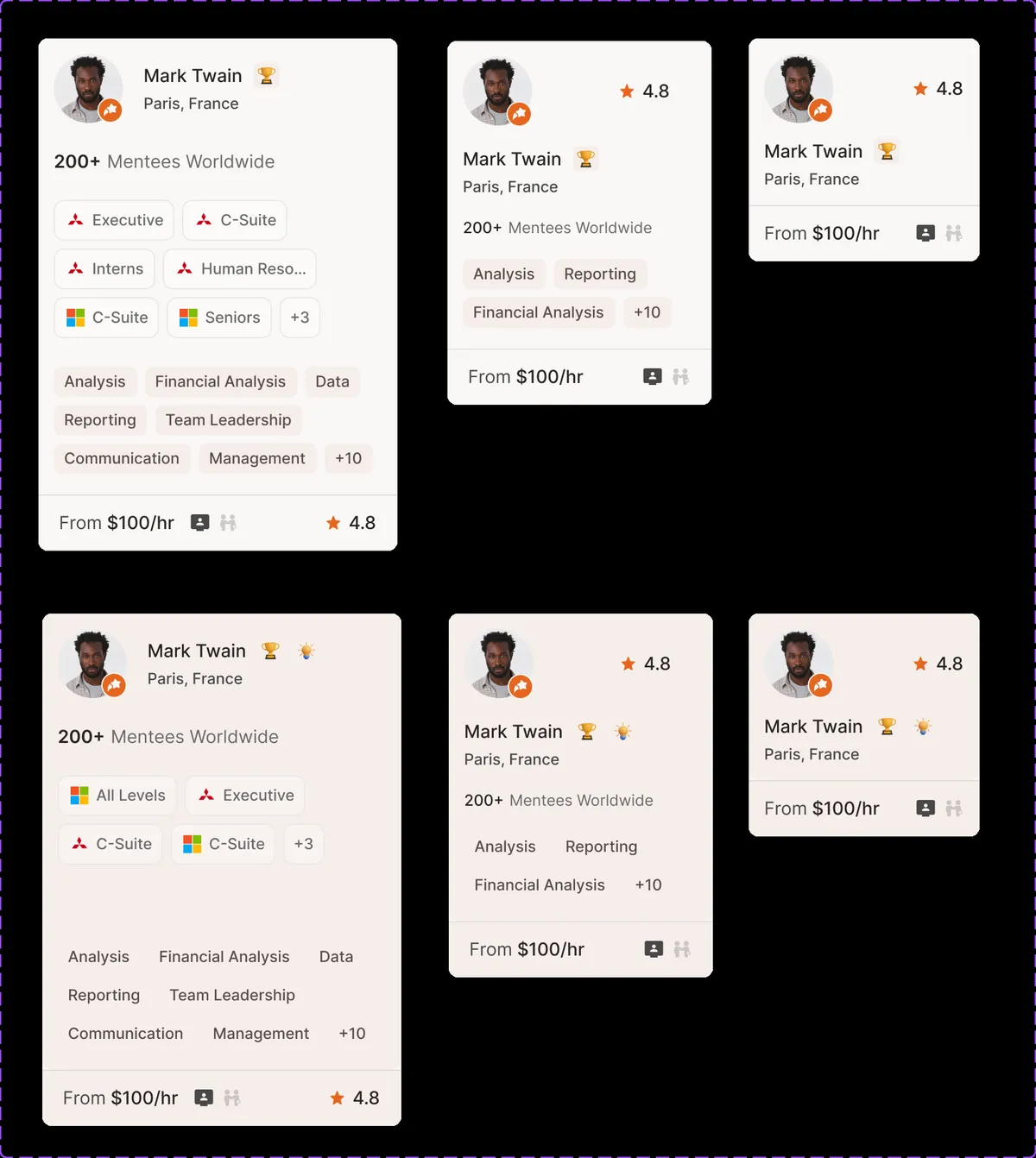 Mentor card variants.