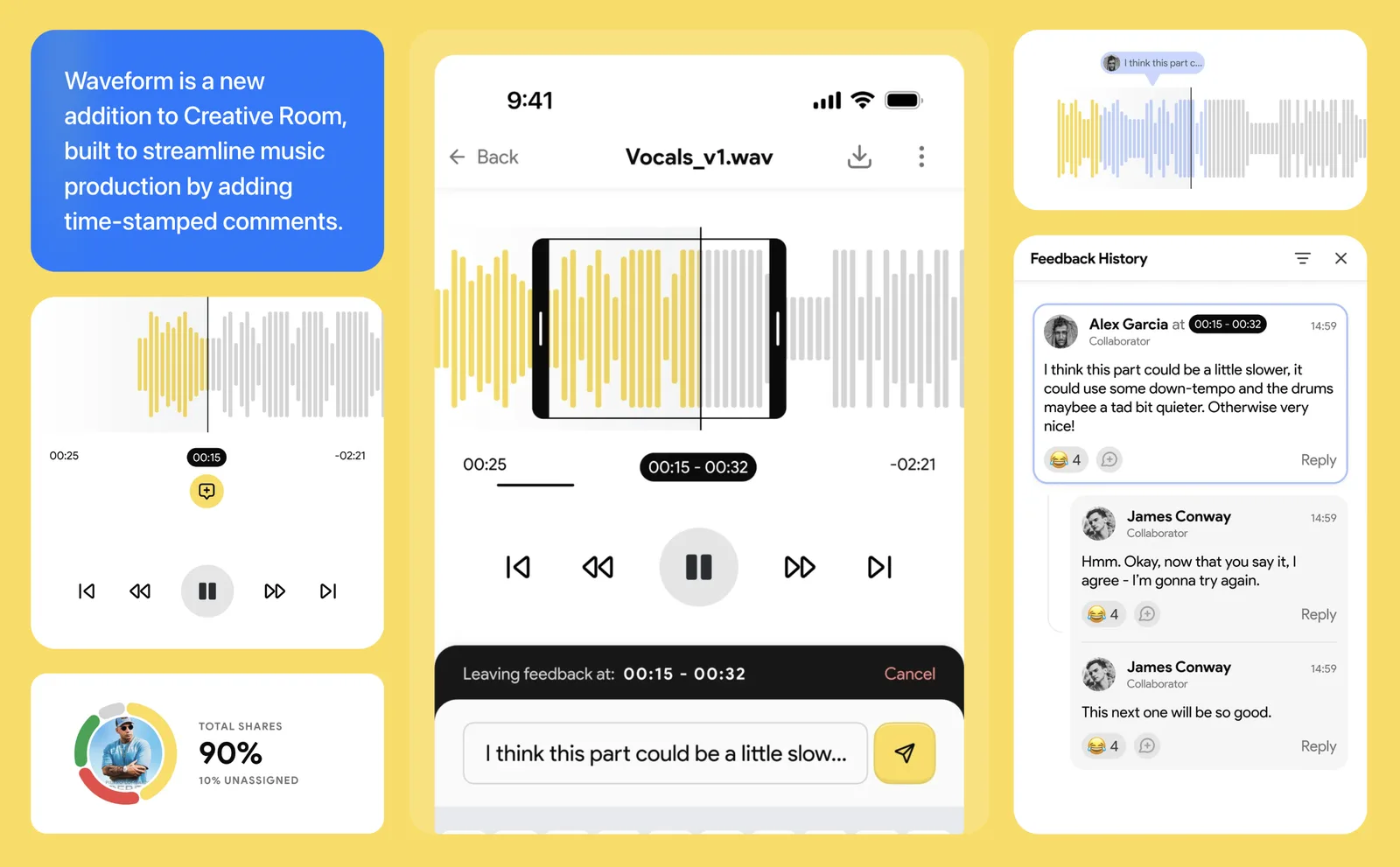 Fancircle Creative Room: a song's waveform with time-stamped comments from collaborators, next to the project timeline.