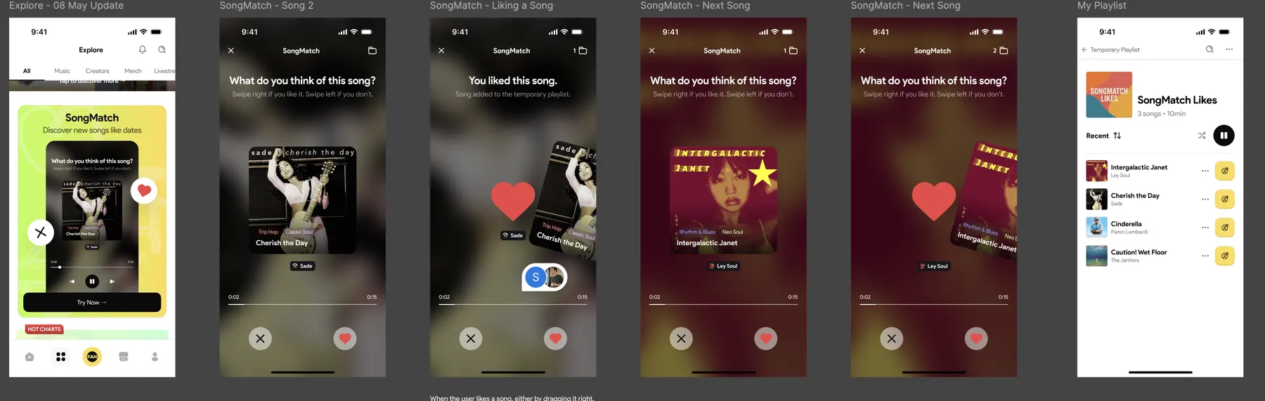 SongMatch flow from the Explore card to the saved playlist.