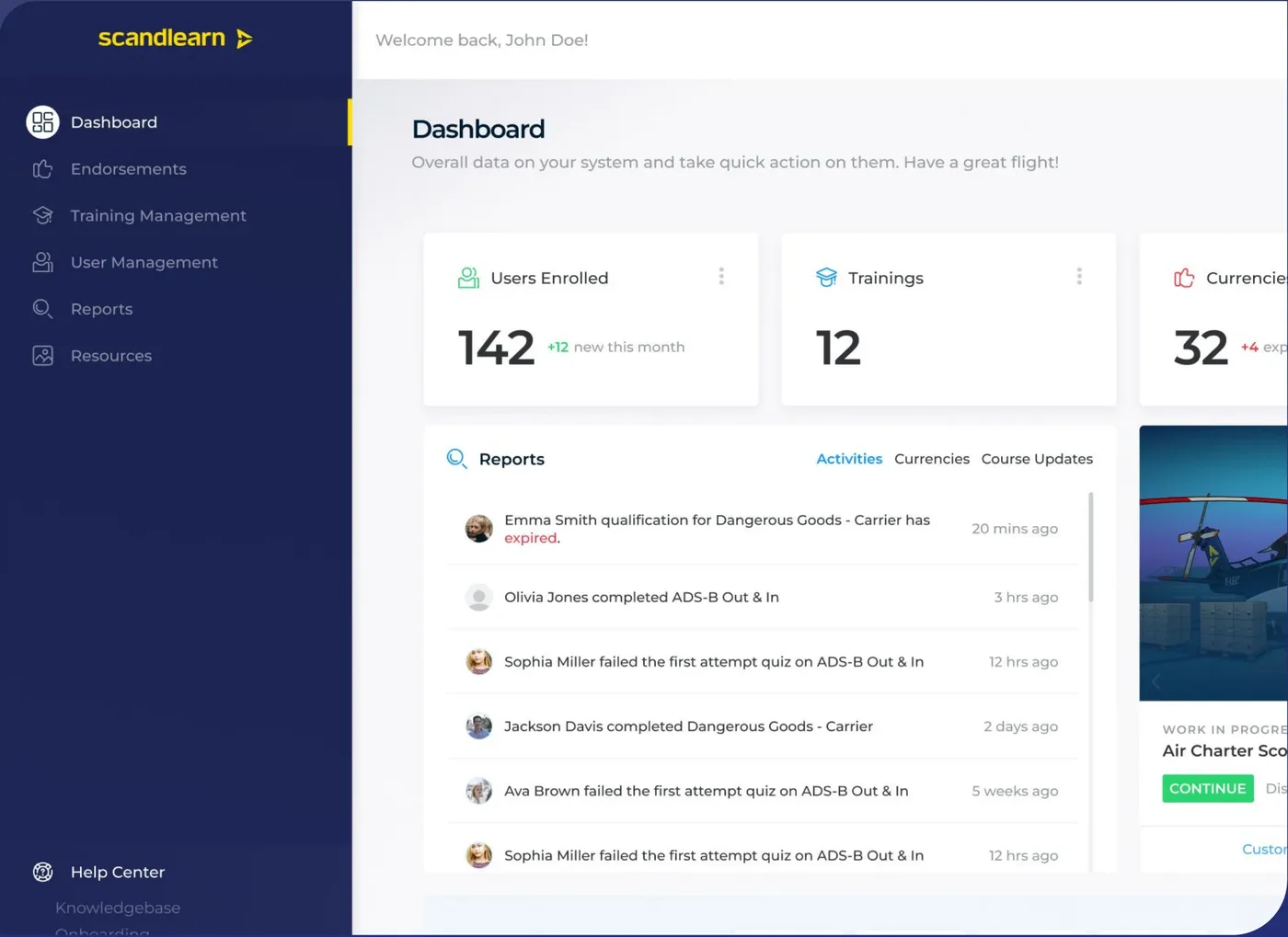 Scandlearn dashboard with enrolled users, trainings, recent activity and quick actions.